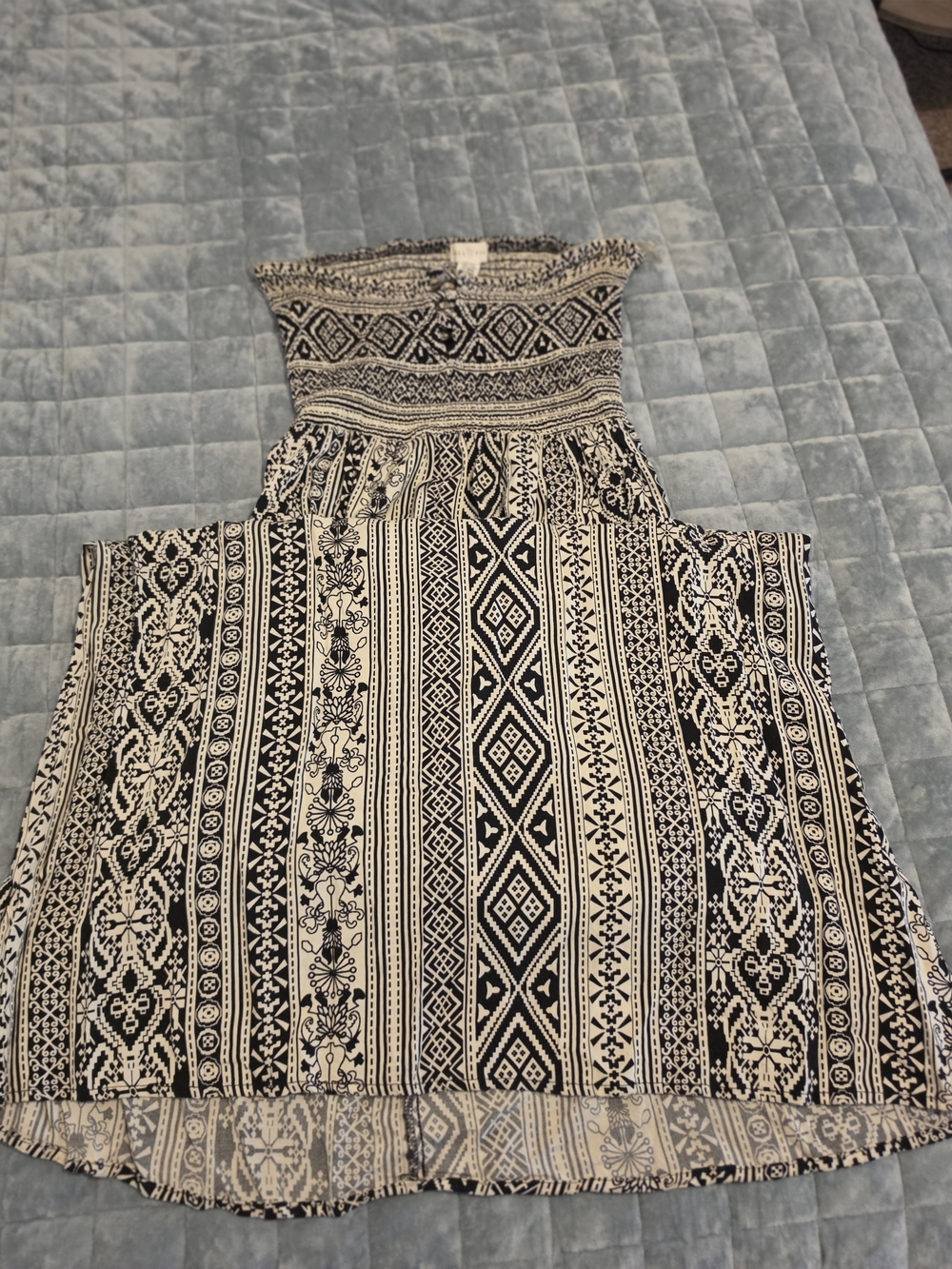Strapless Black and Cream Maxi Dress with Geometric Print - Picture 2 of 4